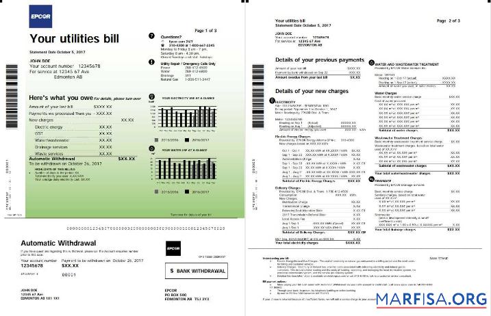 Blank Canada Epcor electricity utility bill template in Word and PDF format, 3 pages 1 2